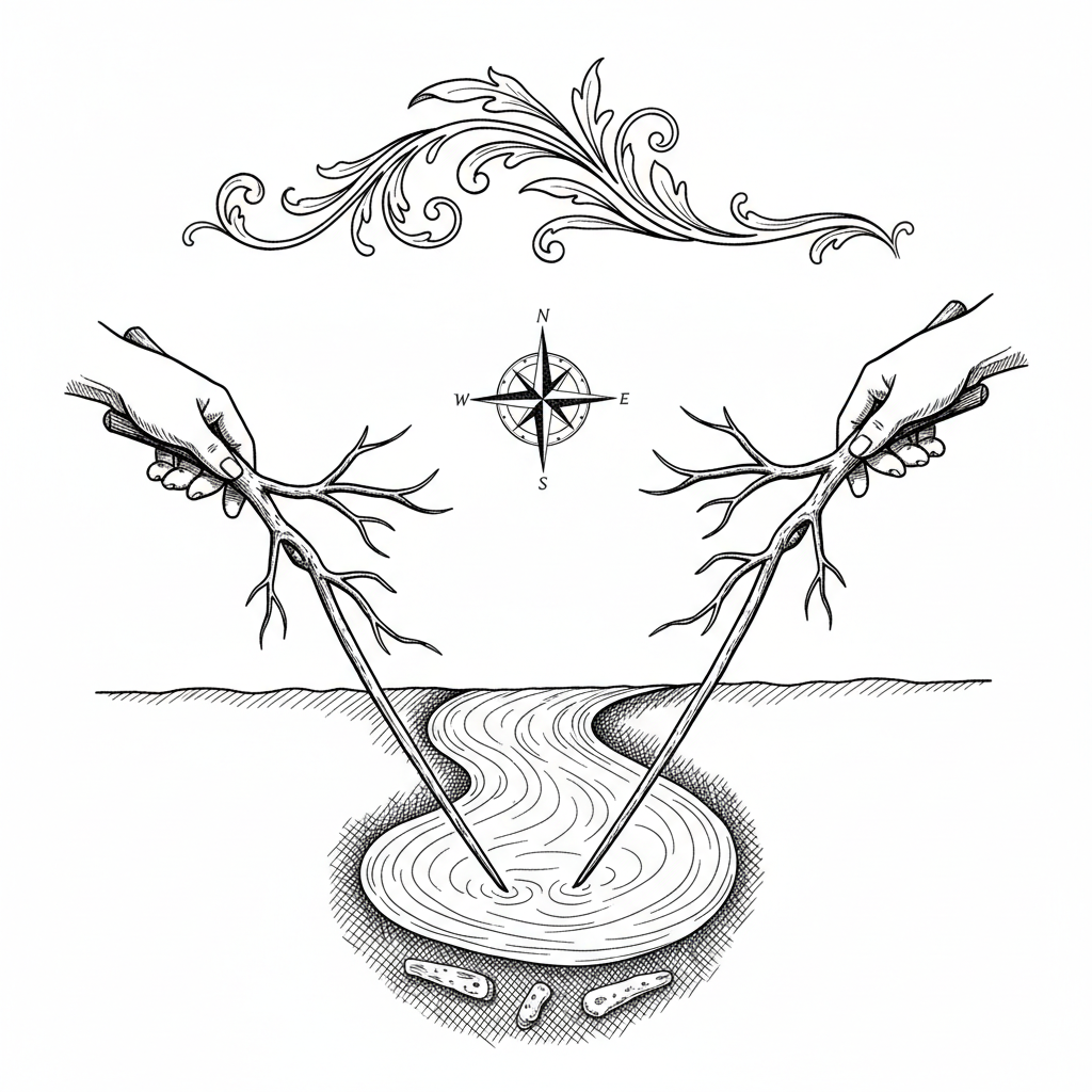 Ink illustration for The Enduring Paradox of Water Divining: An Examination of Practice, Belief, and Scientific Scrutiny