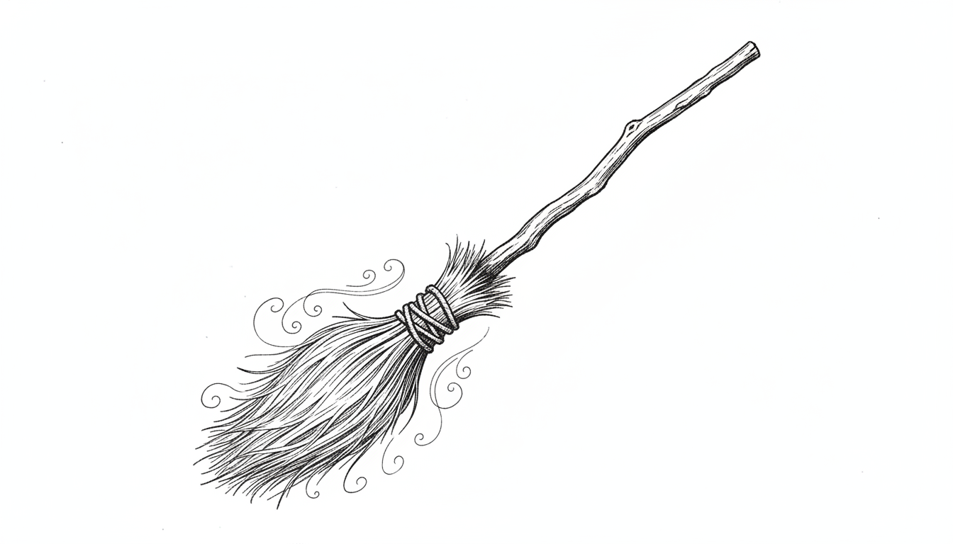 Ink illustration for How a Household Broom Became the Witch’s Vehicle
