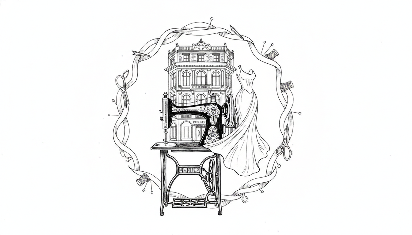 Ink illustration for How Fashion Became an Industry: Worth, the Sewing Machine, and the Department Store