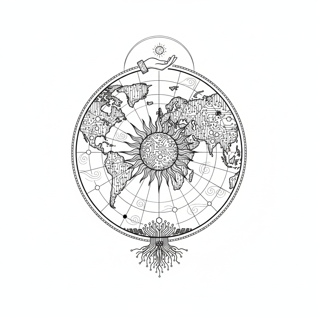Ink illustration for A Global Heliosphere: Powering the World Solely with Solar Energy